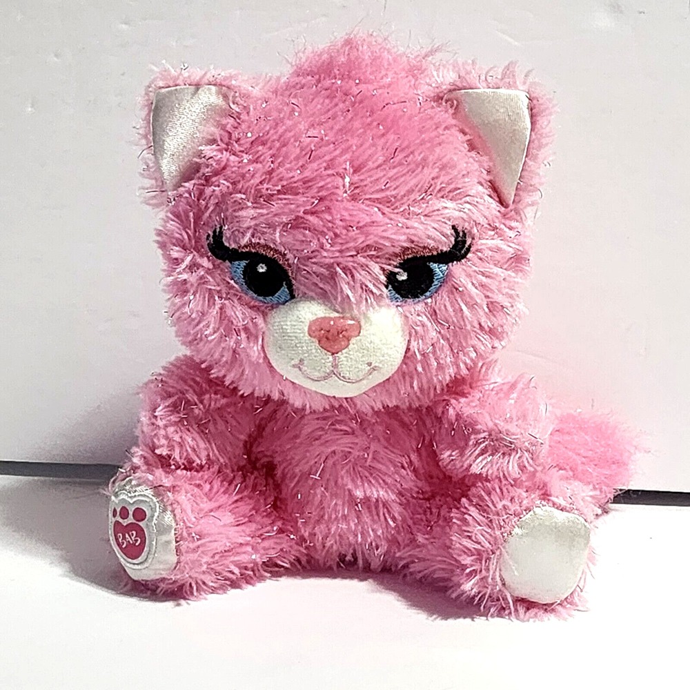 BAB Build a Bear Buddies Sassy CAT Pink Silver Metallic Blue Eyes Plush 7"